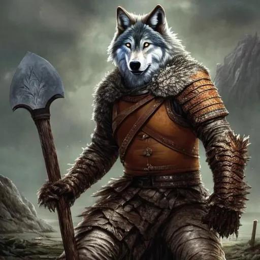 Prompt: Wolf man, from the game Forbidden Lands, wearing leather armour, wielding one-handed axe from the medieval ages