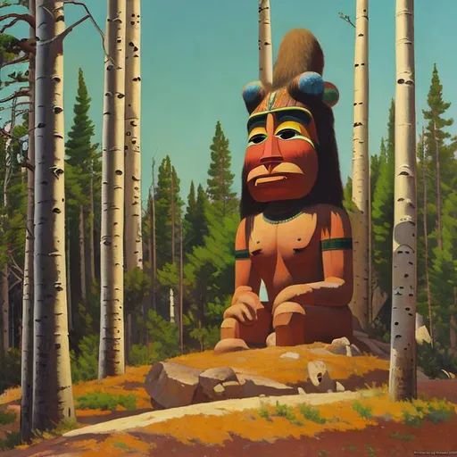 Prompt: Detailed and accurate classic American 20th century realism style oil painting in the style of Edward Hopper of a giant Hopi Hawk Kachina in an aspen forest in New Mexico  