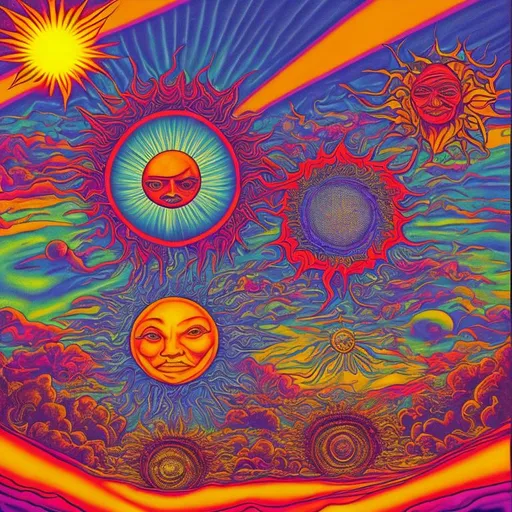 Prompt: An album cover with references to psychedelic drugs and the sun. 