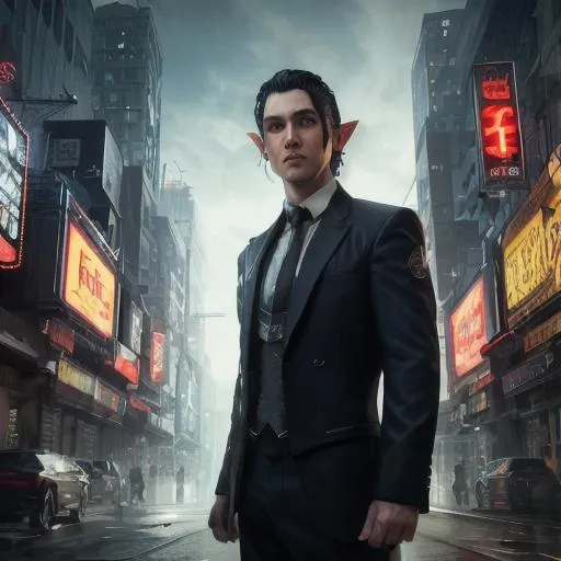 Prompt: male shadowrun elf, dark hair, light brown eyes, small ears, wearing black tie suit, standing in a cyberpunk city street, cloudy smoke, fantasy cyberpunk, glowing magic light aura, excited, symmetrical, perfect composition, hyperrealistic, super detailed, 8k, high quality, Splash art, front, epic Instagram, artstation, hyperdetailed intricately detailed, unreal engine, intricate detail, splash screen, complementary colors, concept art, 8k, heavy strokes, splash arts, full height, full body focus