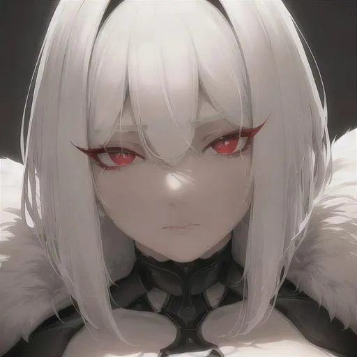Prompt: "A close-up photo of a gorgeous with brown skin and short pure white hair, predator like red eyes, in hyperrealistic detail, with a slight hint of loneliness in her eyes. Her face is the center of attention, with a sense of allure and mystery that draws the viewer in, but her eyes are also slightly downcast, as if a sense of loneliness is lingering in her thoughts. The detailing of her face is stunning, with every pore, freckle, and line rendered in vivid detail, but the image also captures the subtle emotions of loneliness that might lie beneath her surface"