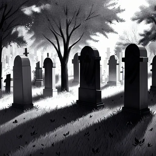Prompt: draw a fall cemetery, dark toned, black and white, dead