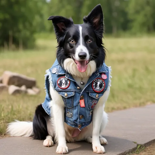 Prompt: Border Collie wearing a heavy metal music denim vest with patches