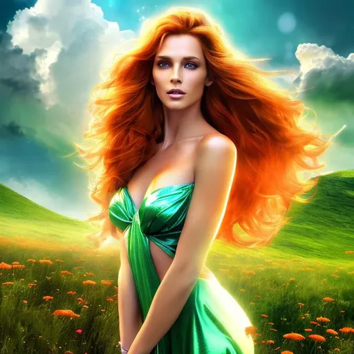 Prompt: HD 4k 3D 8k professional modeling photo hyper realistic beautiful mischievous woman ethereal greek goddess of mischief
bright orange hair green eyes gorgeous face tan skin dark shimmering dress dark wings fallen angel full body surrounded by magical glowing light hd landscape background laying in a meadow on a hill