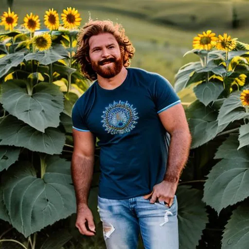 Prompt: a red-bearded wrestler with long hair in blue jeans without a shirt and a hairy chest in a field of sunflowers