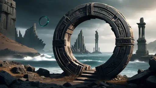 Prompt: magical portal between cities realms worlds kingdoms, circular portal, ring standing on edge, upright ring, freestanding ring, hieroglyphs on ring, broken ring, ruins, crumbling pillars, broken archways, ancient roman architecture, costal wilderness setting, panoramic view, futuristic cyberpunk tech-noir setting