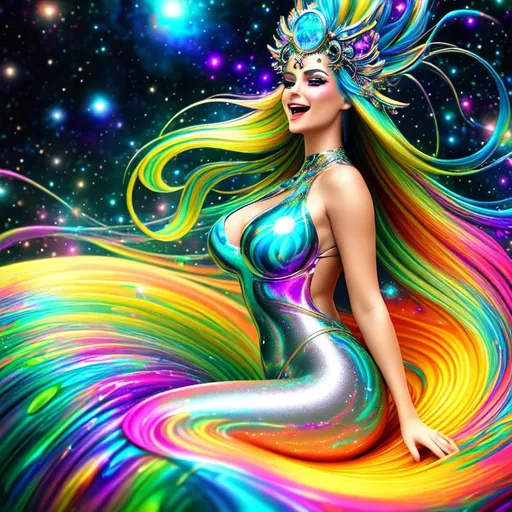 Prompt: Exuberant, Happy, upbeat psychedelic cinematic, Nebula, 3D, HD, {Beautiful Goddess}liquid silver, expansive metallic background, supernova, freeform colorful ink chaos, hyper realistic, 8K --s98500