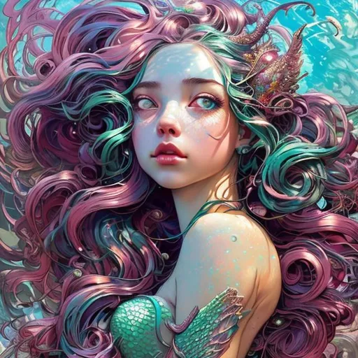 Prompt: goddess of mermaid girl, vibrant, whimsical by russ mills by anna dittman, dark background, ruby, long wavy hair, scenic, cute, adorable, pretty, 8k resolution concept art portrait by Greg Rutkowski, Artgerm, WLOP, Alphonse Mucha dynamic lighting hyperdetailed intricately detailed Splash art trending on Artstation triadic colors Unreal Engine 5 volumetric lighting, gothic, high resolution, Close up portrait, ambient light, Nikon 15mm f/1.8G, by Rebecca Suger, glamour, intricate and detailed environment, laces, stains, watercolor dark background, Masterpiece, Royo, ornate, depth