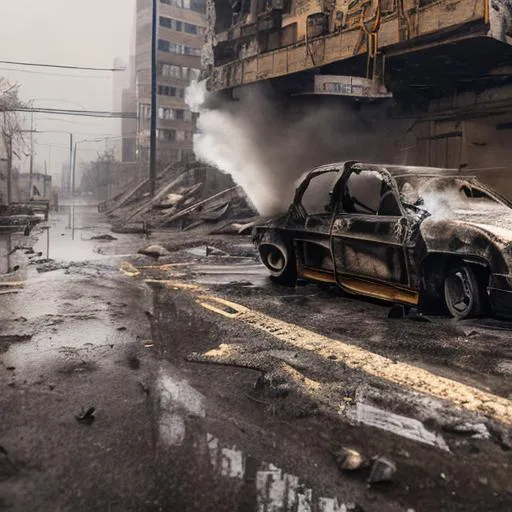 Prompt: car cyberpunk post apocalyptic rain intense lightening street building fire smoke wet cold 