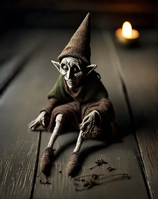 A ((creepy)) old elf ornament lies forgotten on the... | OpenArt