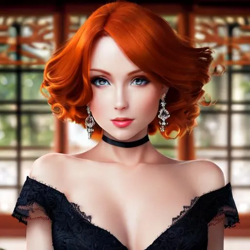 Prompt: Elegant lady with ginger hair and amber eyes