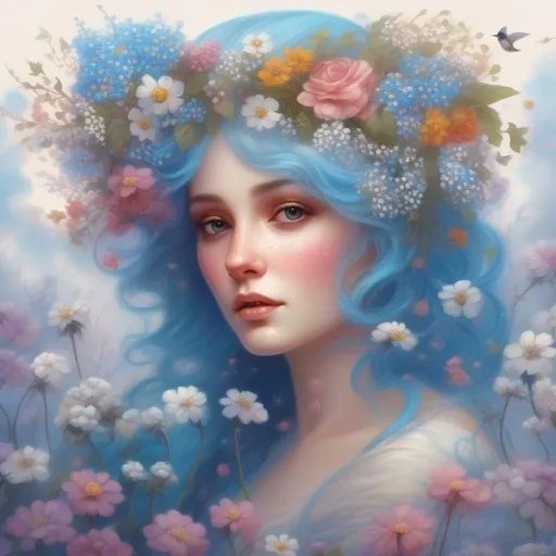 Prompt: A beautiful and colourful Persephone whose hair is made of clouds that rains down forget-me-not flowers and baby's breath flowers, while chickadees fly around in a painted style