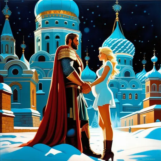 Prompt: King Leonidas impregnating Russian girl, pale skin, freckles, blonde hair, teal eyes, Moscow at night, snow, blue atmosphere, cartoony style, extremely detailed painting by Greg Rutkowski and by Henry Justice Ford and by Steve Henderson 

