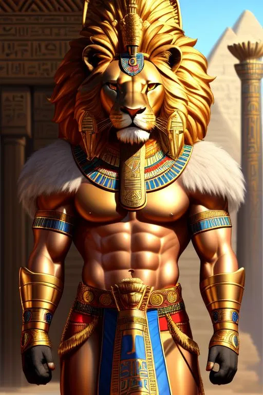 Prompt: oil painting, anthropomorphic lion, male, furry, warrior, ancient egypt, 8k, UHD, depth of field, bronze weapons, hieroglyphics art, hyperrealistic, photorealistic, beautiful art, furry art, digital art,  hyperperfectionist, muscular, pharaoh, lion head, hyper detailed background, ancient egypt temple inside background, god of egypt, highly detailed, gold skin, scary, bloody, fight, pharaoh crown, majestic, furred skin, glowing halo, panned out view of the character, hyperdetailed full-body of a werelion in battle stance