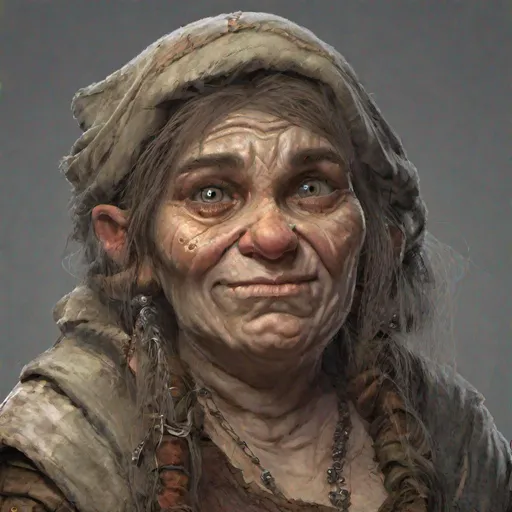 Prompt: Fantasy dwarf woman in rags, with a caring expression.