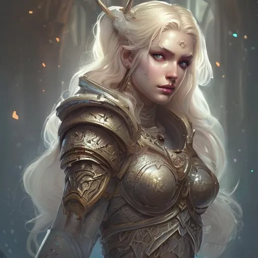 Prompt: beautiful female aasimar, blonde, muscular upper body, D&D, fantasy, intricate, elegant, highly detailed, digital painting, artstation, concept art, smooth, sharp focus, illustration, white eyes with blue outline, olive skin, cleric