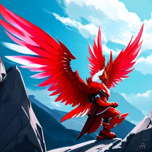 Prompt: a male protogen fursona, well drawn, masterfully drawn, 4k, HD, firebird with firewings on his back, war, red