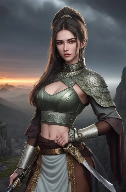 Prompt: Realistic lush ancient landscape, heavy mist, standing at the top of a mountain, at sunset,

Depicting a closeup of an exquisite, exotic, gorgeous, slender, ultra realistic young adult woman, wearing a heavy iron collar, gorgeous perfectly detailed facial features, long legs, elegant sumptuous perfect body, ultra pale, visible midriff, 20 year old powerful sword master, wielding a magical sword in a defensive pose,

Perfect contouring, hyper detailed, intricate detail, finite detail, fantasy concept art, 64k resolution, deviantart masterpiece. UHD, Perfectly 3D Rendered