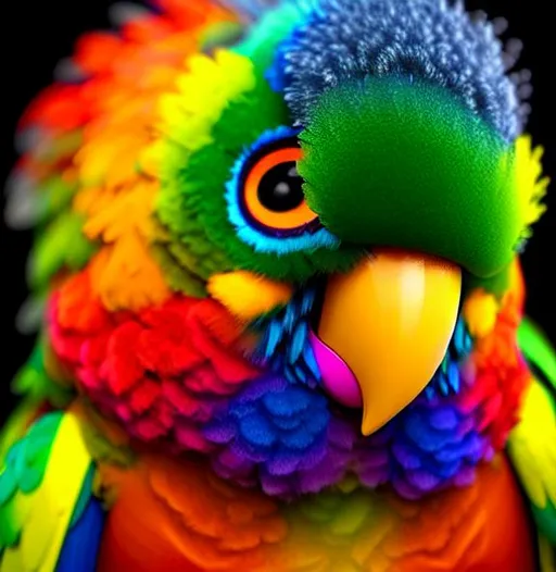 Prompt: 3d fluffy rainbow lorikeet with headphones, cute and adorable, cute big circular reflective eyes, long fuzzy fur, Pixar render, unreal engine cinematic smooth, intricate detail, cinematic