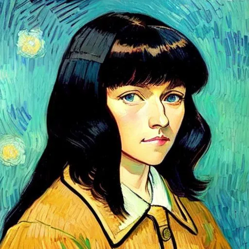 Prompt: Vincent  Van gogh self portrait but anime girl black long hair himecut, JK