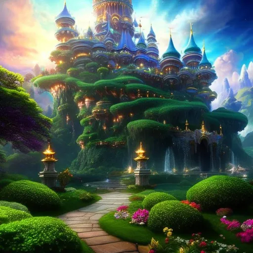 Prompt: {{{{highest quality absurdres best award-winning masterpiece}}}} {{best octane rendered stylized splashscreen trailer digital game art}}, epic cinematic landscape of hyperrealistic intricately hyperdetailed wonderful stunning beautiful lush green floating fantasy sky islands with a hyperrealistic intricately hyperdetailed perfect thin tall distant castle, in {{hyperrealistic intricately hyperdetailed perfect 128k highest resolution definition fidelity UHD HDR}},
hyperrealistic intricately hyperdetailed perfect wonderful natural stunning waterfalls and voluminous clouds,
hyperrealistic perfect epic cinematic composition with perfect vibrant colors and perfect shadows, perfect professional sharp focus RAW photography with ultra realistic perfect volumetric dramatic soft 3d lighting, trending on instagram artstation with perfect epic cinematic post-production
