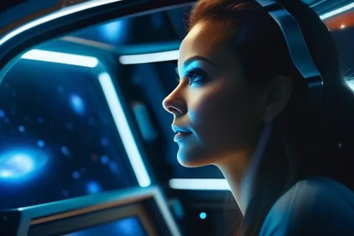 Prompt: Woman looking outside the window from the inside of a spaceship at a nebula; focus on woman, UHD, hyper-realistic, vivid, cinematic lighting, photo-realistic, 8k, sharp focus, intricate details, trending on artstation