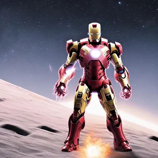 Prompt: A future iron man   standing on the moon. He has wearing future iron armour. In which have many weapon . Looks like super robot armour. 
