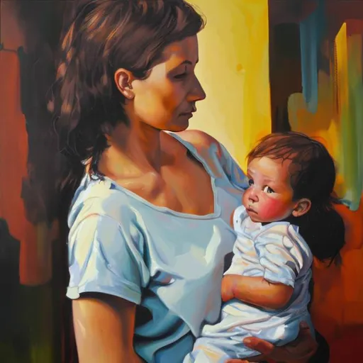 Prompt: woman and baby in oil paint