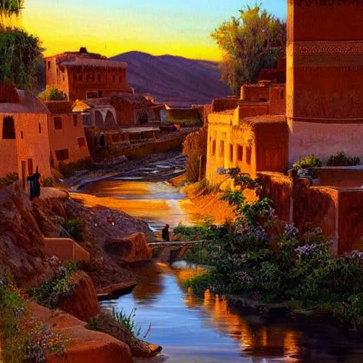 Prompt: High-Quality realist painting of a river crossing a traditional Moroccan village in a valley at dawn, peaceful, very detailed, digital art.