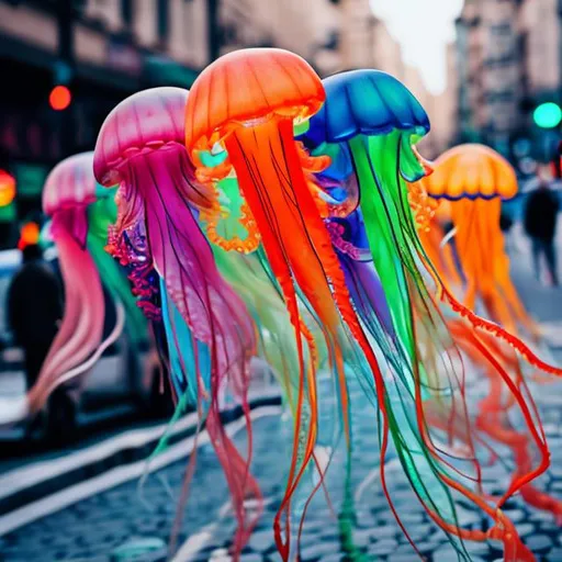 Prompt: Random colorful jellyfish crossing the street 1500px by 500px