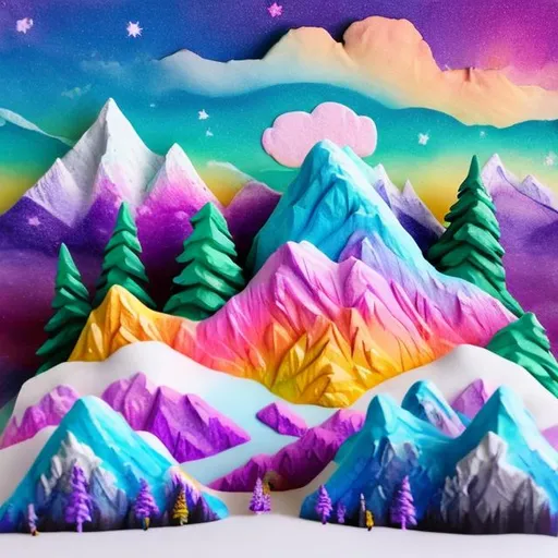 Prompt: Lisa frank style snowy mountain diorama 