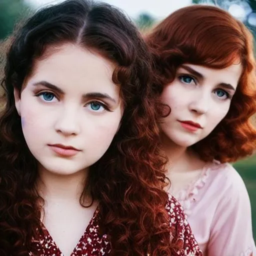 Prompt: Mid age mother have brown curly hair,pale skin and hanzel eyes,with hers two teenage daughters they have red hair,1960s aesthetic, British landscape , high quality, 4k, details 