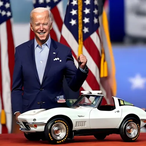 Prompt: Biden holding a tiny toy corvette
