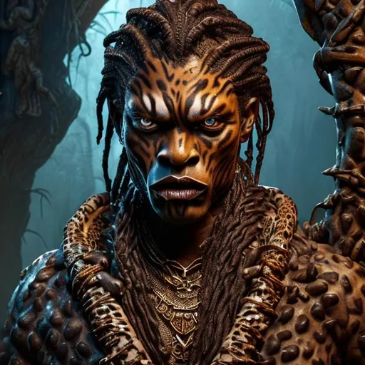 Prompt: (masterpiece, award winning, best quality:1.2), where an African Vampire in Jungle sits on a leopard throne, highly Detailed Young Brown Face, Braided Hair, red eyes, stern expression, collecting the blood of enemies in his hand, squeezing them in his hands and snarling leopard in the background., 16k, UHD, HDR,(Masterpiece:1.5),(best quality:1.5),