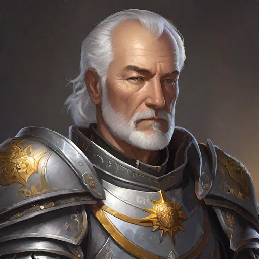 Prompt: A 50 year old human paladin wearing plate armour and holding a warhammer with both hands. He has grey hair and is balding, grey eyes. His armour has a silver sun and crescent moon on the chest.
