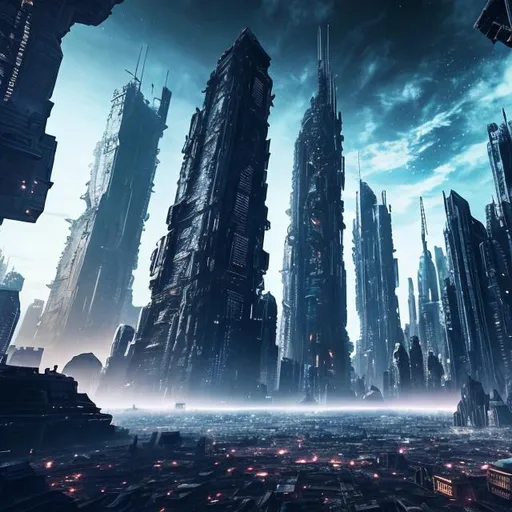 Prompt: Abandoned Futuristic City Tall Skyscrapers black sky broken ruins large spaceships high resolution 8k
