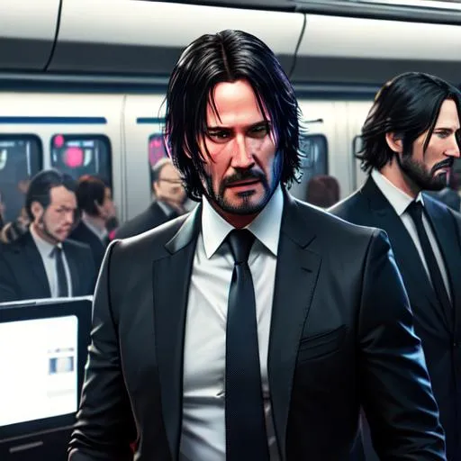 Prompt: hyperdetailed character illustration in 8k UHD of John wick. hyperdetailed. A tense action sequence between Gil Bok-soon and John Wick in a high-speed bullet train. ultra realistic, The lighting should be dim, with the train's fast movement creating a blur effect. The scene should be intricate and highly detailed, 8K, digital art, unreal engine 5, with an art style similar to Frank Frazetta and Simon Bisley