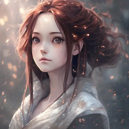 Prompt: anime portrait of a woman, anime eyes, beautiful intricate copper hair, shimmer in the air, symmetrical, in re:Zero style, concept art, digital painting, looking into camera, square image