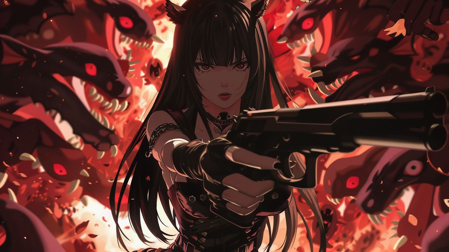 Prompt: anime girl armed to the teeth, surrounded by devils