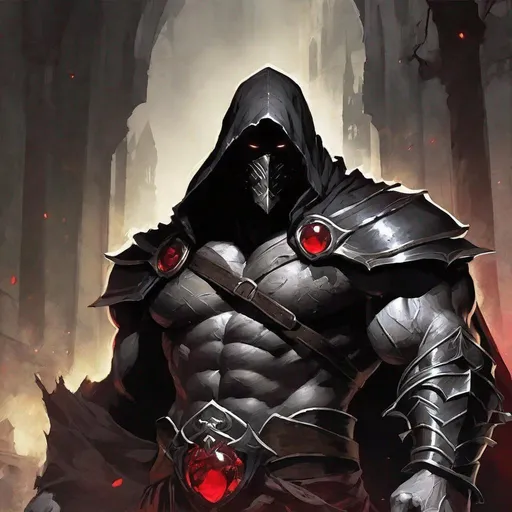 Prompt: Tall, Intimidating, Large, male, Solomon Grundy/goliath D&D build, black hair,  very dark grey scarred skin, covered in bandages, dark tattered cloth armor exposes his midriff, hood of magical darkness that completely shrouds his face with a mask of darkness, large red gem between pecs in chest, Path of the Zealot Barbarian, Strong, wielding large two-handed great-axe, Fantasy setting, D&D, Dead clerics around him, undead, zombie