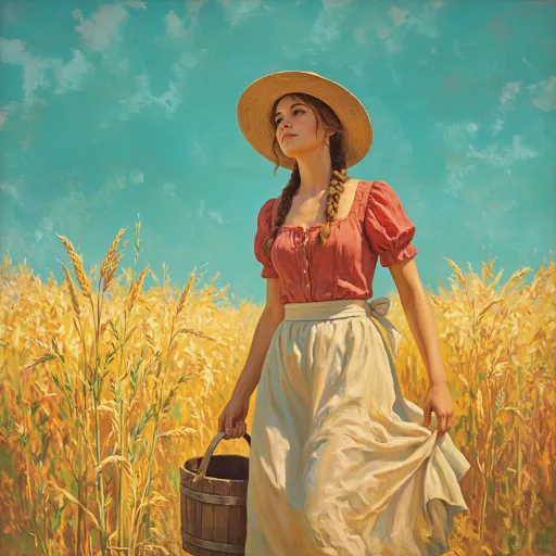 Prompt: A detailed oil-painting in a realistic style.  A sunlit western farm girl, highly detailed beautiful youthful cute facial features, dynamically posed walking through a golden wheat field, square composition. She wears a rustic red crop top with puff sleeves, a white apron-skirt tied at the waist, and a straw hat tilted over long, braided brown hair. She carries a (wood water-bucket with vertical slats) by her side. Her skin is sun-kissed, expression dreamy and uplifted toward the sky. The field glows with amber warmth under a rich turquoise sky. Painterly brushstroke texture, 1970s vintage illustration style, warm color palette, high contrast lighting, cinematic composition, nostalgic Americana aesthetic.