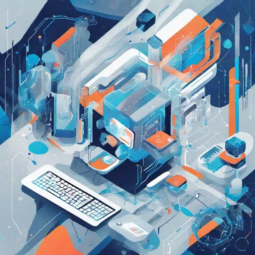 Prompt: Craft an abstract illustration of the future of work, representing concepts like remote work and automation. Use a blend of cool blues and grays with streaks of bright colors to signify digital connections and the human touch.