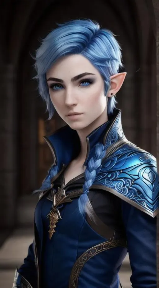 Prompt: (masterpiece), (extremely intricate), fantasy, (((photorealistic photo of a half-elven, moon elf, druidism ranger, male, androgynous, pale icy blue skin, fae face, androgynous face, short dark Blue hair, side shave, pointy sideburns, bright blue eyes with golden flecks speckled through the iris, curious, attractive, friendly, wise, youthful, athletic, muscular build))), (((dark blue leather armor, intricate purple and gold details on clothing))),(perfect composition:1.4), aspect ratio 1:1, deviantart hd, artstation hd, concept art, detailed face and body, award-winning photography, margins, detailed face, professional oil painting by Ed Blinkey, Atey Ghailan, Jeremy Mann, Greg Manchess, Alex Gray, trending on ArtStation, trending on CGSociety, intricate, high detail, sharp focus, dramatic, award winning matte drawing cinematic lighting octane render unreal engine volumetrics dtx