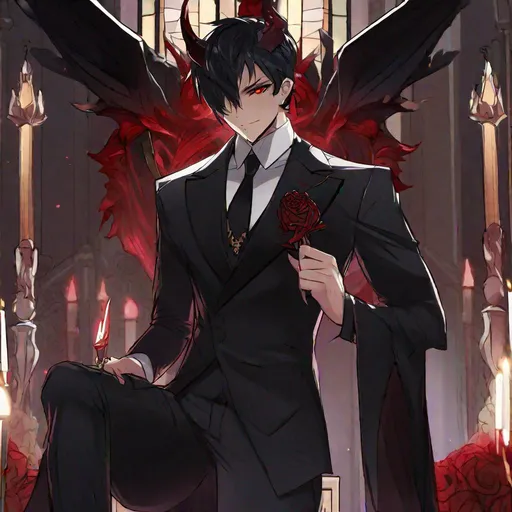 Prompt: Damien  (male, short black hair, red eyes) demon form, wearing a tuxedo, standing at the altar, biting his lip seductively, wearing a crown, holding a knife
