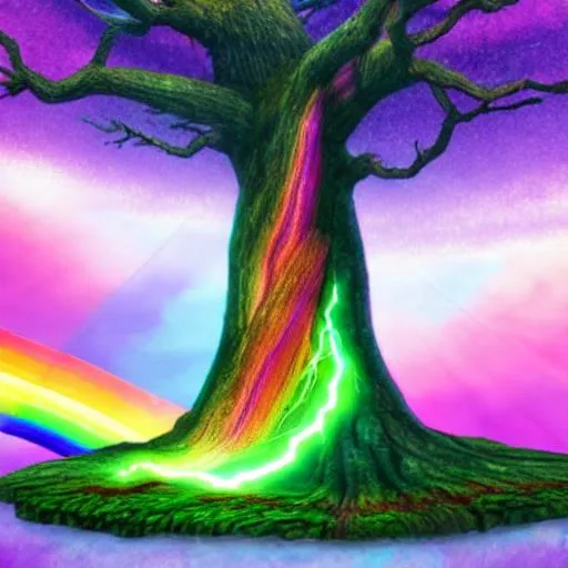 Prompt: yggdrasil made of rainbow lightning