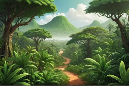 Prompt: Fantasy Illustration of a Beautiful African lush green djungle landscape