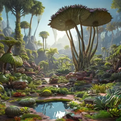 Prehistoric rocky landscape oasis with alien plant l...