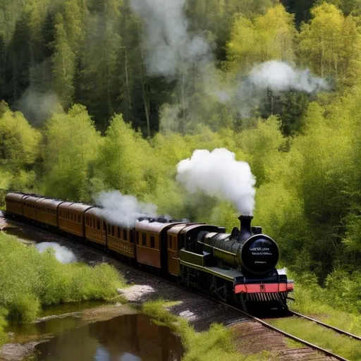 Prompt: steam train in forest by stream with prospectors