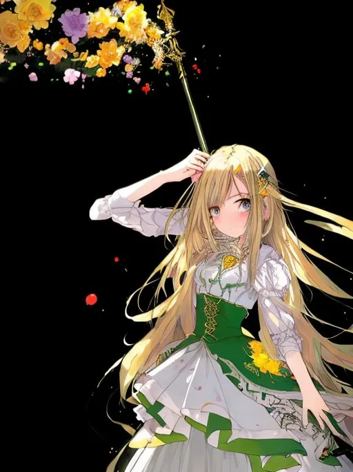 Prompt: (masterpiece), anime art, best quality, expressive eyes, perfect face, 1girl, fourteen years old girl, full body, long green hair, long hair, unbound hair, green right eye, blue left eye, heterochromatic eyes, standing, holding a pike, weapon, gauntlets, greaves, thigh highs armour, green dress with yellow ribbons, open front gown, green gown, choker, strings connected to the body, strings going upward, giant hands above, black gloved hands above, strings emanating from the giant hands