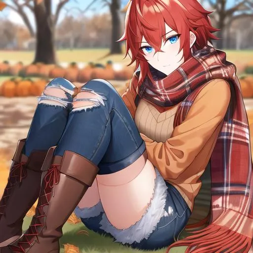 Prompt: Zerif 1male (Red side-swept hair covering his right eye, blue eyes), highly detailed face, 8K, UHD, wearing a cozy oversized sweater, ripped jeans, and boots, in the park, fall.  wearing a scarf, looking up at the sky, in a pumpkin patch,  young adult